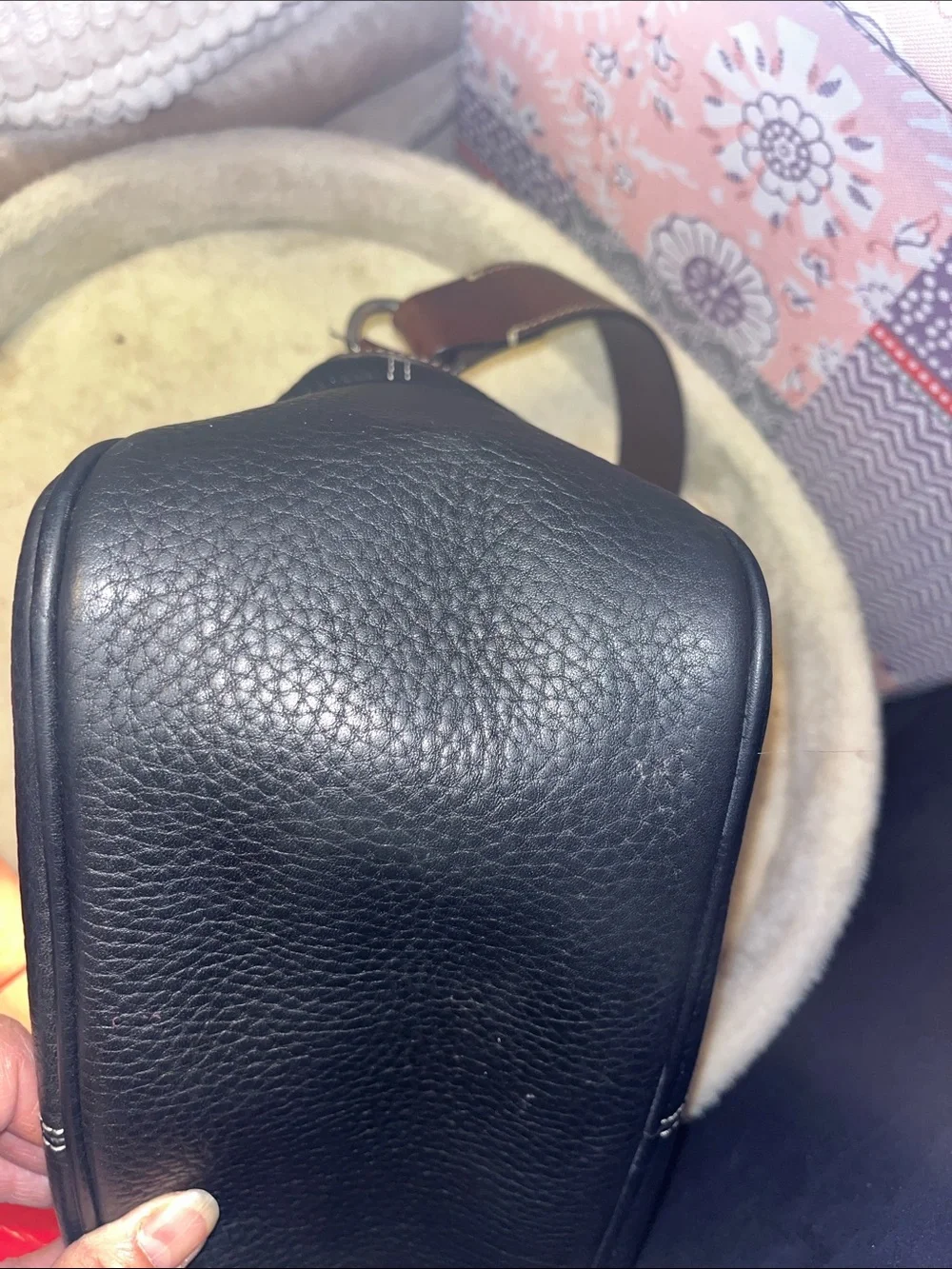 Dooney & Bourke Black Pebbled Leather Messenger Bag with Brown Trim